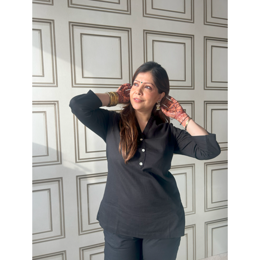 Black Airy Linen Short Kurta